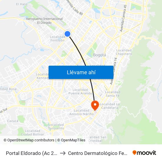 Portal Eldorado (Ac 26 - Av. C. De Cali) to Centro Dermatológico Federico Lleras Acosta map