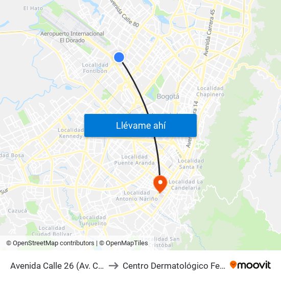 Avenida Calle 26 (Av. C. De Cali - Cl 51) (A) to Centro Dermatológico Federico Lleras Acosta map