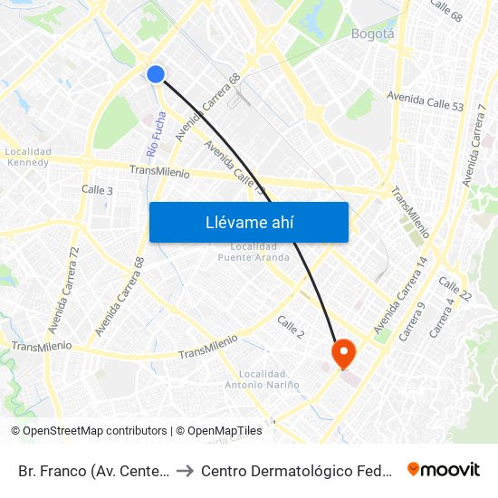 Br. Franco (Av. Centenario - Kr 69b) to Centro Dermatológico Federico Lleras Acosta map
