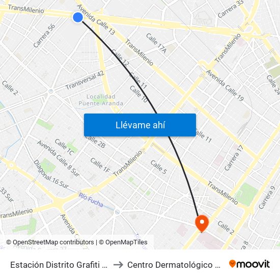 Estación Distrito Grafiti (Av. Américas - Kr 53a) to Centro Dermatológico Federico Lleras Acosta map
