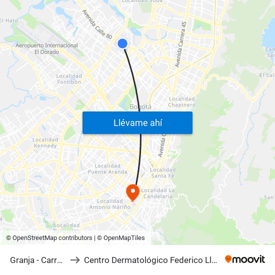Granja - Carrera 77 to Centro Dermatológico Federico Lleras Acosta map