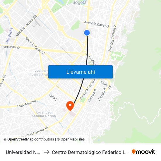 Universidad Nacional to Centro Dermatológico Federico Lleras Acosta map