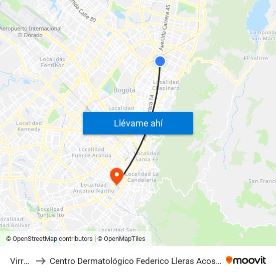 Virrey to Centro Dermatológico Federico Lleras Acosta map