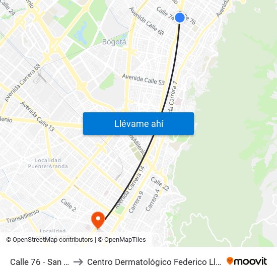 Calle 76 - San Felipe to Centro Dermatológico Federico Lleras Acosta map