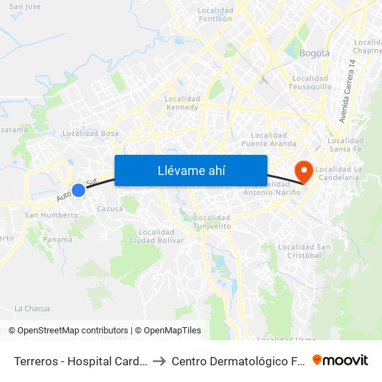 Terreros - Hospital Cardiovascular (Lado Sur) to Centro Dermatológico Federico Lleras Acosta map