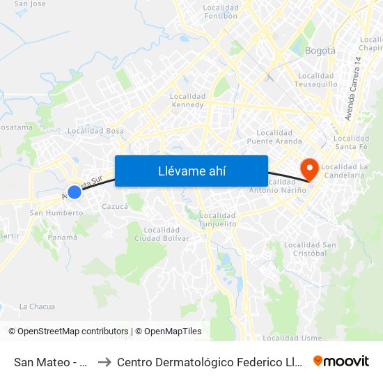 San Mateo - Unisur to Centro Dermatológico Federico Lleras Acosta map