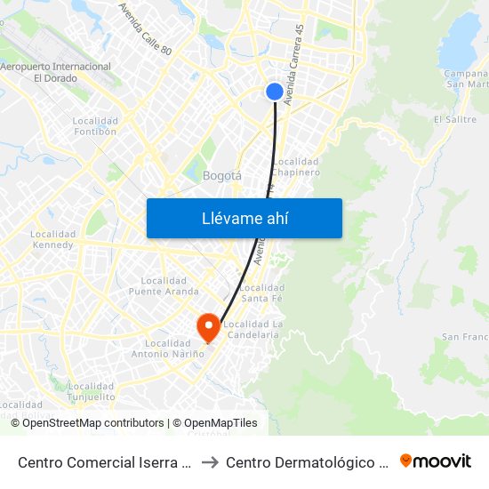 Centro Comercial Iserra 100 (Ac 100 - Kr 54) (B) to Centro Dermatológico Federico Lleras Acosta map