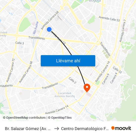 Br. Salazar Gómez (Av. Centenario - Kr 65) (A) to Centro Dermatológico Federico Lleras Acosta map