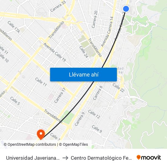 Universidad Javeriana (Ak 7 - Cl 40) (B) to Centro Dermatológico Federico Lleras Acosta map