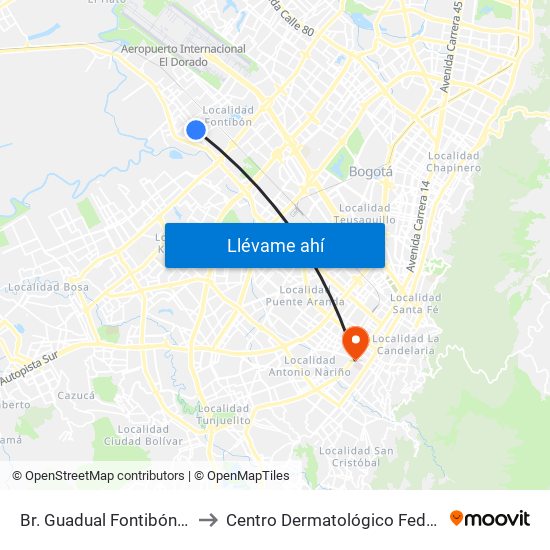 Br. Guadual Fontibón (Cl 17 - Kr 96h) to Centro Dermatológico Federico Lleras Acosta map