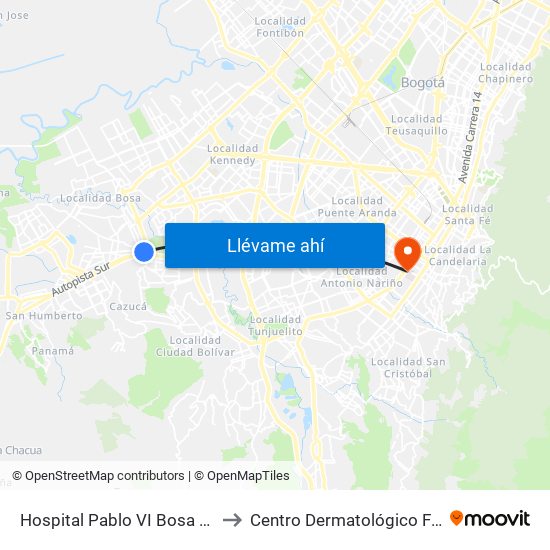 Hospital Pablo VI Bosa (Cl 63 Sur - Kr 77g) (A) to Centro Dermatológico Federico Lleras Acosta map