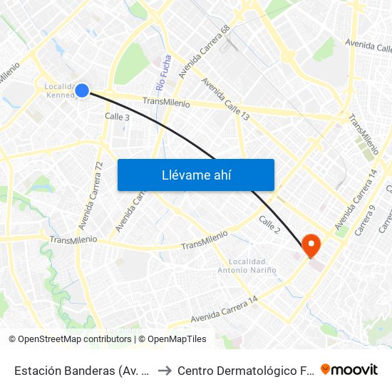 Estación Banderas (Av. Américas - Kr 78a) (A) to Centro Dermatológico Federico Lleras Acosta map