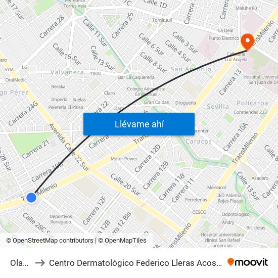 Olaya to Centro Dermatológico Federico Lleras Acosta map