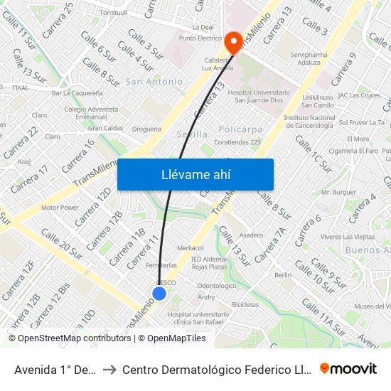 Avenida 1° De Mayo to Centro Dermatológico Federico Lleras Acosta map