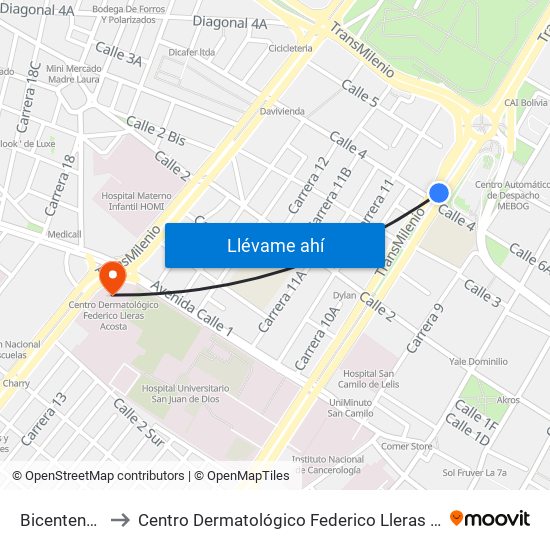 Bicentenario to Centro Dermatológico Federico Lleras Acosta map