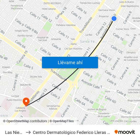 Las Nieves to Centro Dermatológico Federico Lleras Acosta map