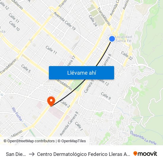 San Diego to Centro Dermatológico Federico Lleras Acosta map
