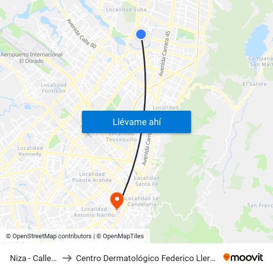Niza - Calle 127 to Centro Dermatológico Federico Lleras Acosta map