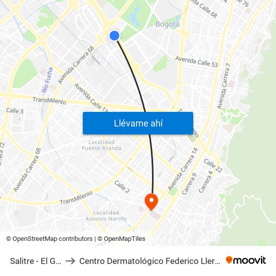 Salitre - El Greco to Centro Dermatológico Federico Lleras Acosta map