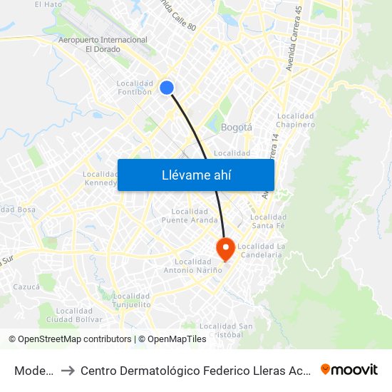 Modelia to Centro Dermatológico Federico Lleras Acosta map