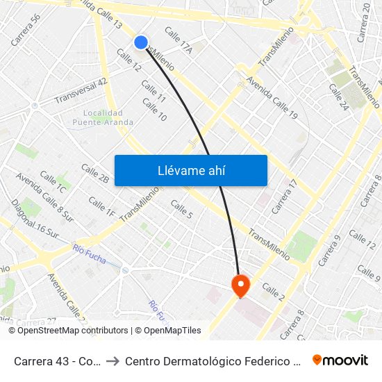 Carrera 43 - Comapan to Centro Dermatológico Federico Lleras Acosta map