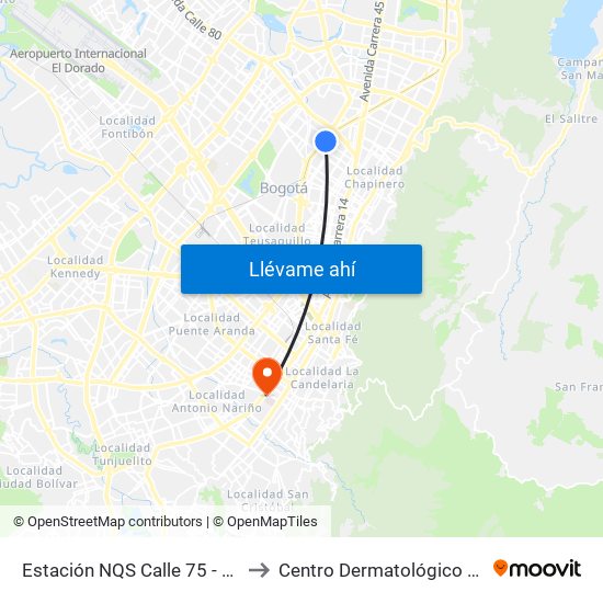 Estación NQS Calle 75 - Zona M (Av. NQS - Cl 75) to Centro Dermatológico Federico Lleras Acosta map