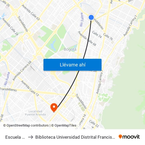 Escuela Militar to Biblioteca Universidad Distrital Francisco José De Caldas map
