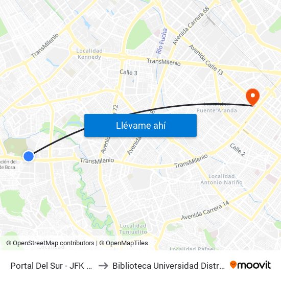 Portal Del Sur - JFK Cooperativa Financiera to Biblioteca Universidad Distrital Francisco José De Caldas map