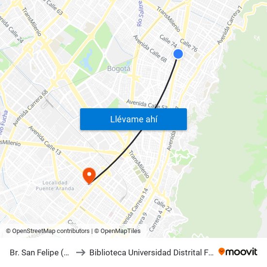 Br. San Felipe (Ac 72 - Kr 17) to Biblioteca Universidad Distrital Francisco José De Caldas map