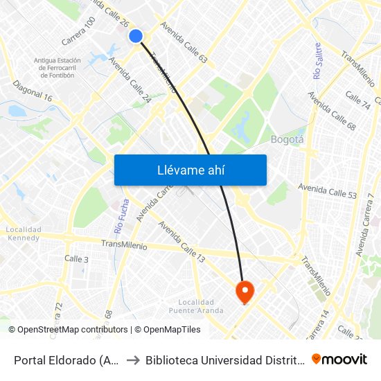 Portal Eldorado (Ac 26 - Av. C. De Cali) to Biblioteca Universidad Distrital Francisco José De Caldas map