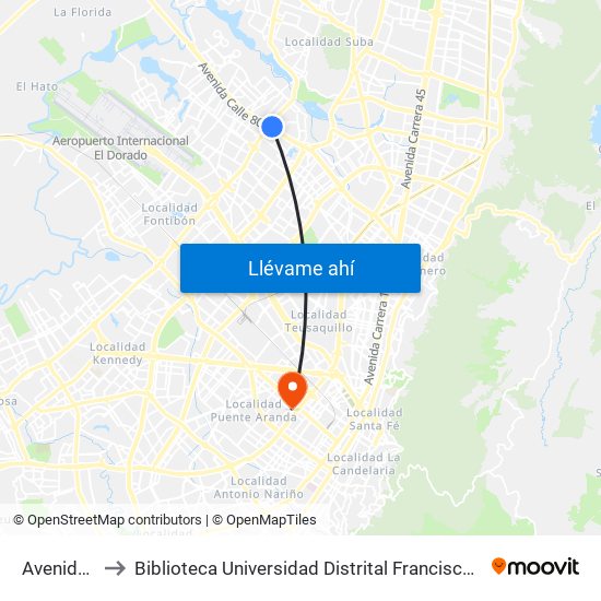 Avenida Cali to Biblioteca Universidad Distrital Francisco José De Caldas map