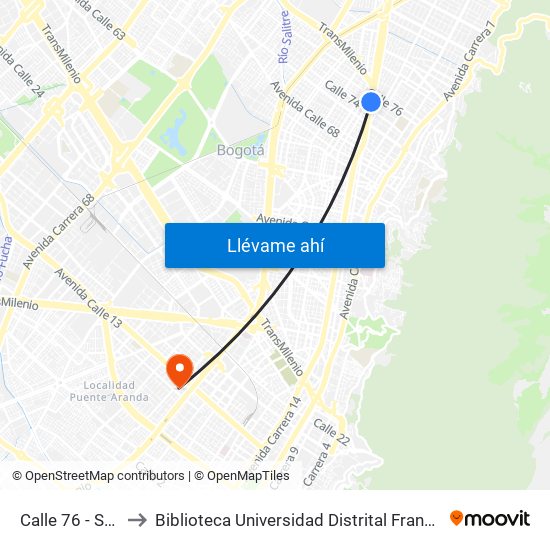 Calle 76 - San Felipe to Biblioteca Universidad Distrital Francisco José De Caldas map