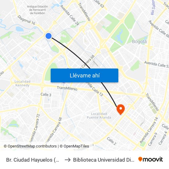 Br. Ciudad Hayuelos (Av. Centenario - Av. C. De Cali) to Biblioteca Universidad Distrital Francisco José De Caldas map