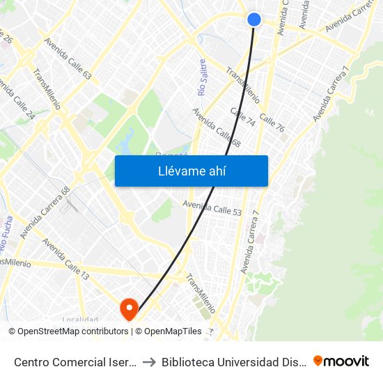 Centro Comercial Iserra 100 (Ac 100 - Kr 54) (B) to Biblioteca Universidad Distrital Francisco José De Caldas map