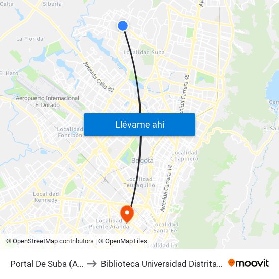 Portal De Suba (Av. Suba - Kr 106) to Biblioteca Universidad Distrital Francisco José De Caldas map