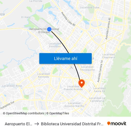 Aeropuerto Eldorado (B) to Biblioteca Universidad Distrital Francisco José De Caldas map