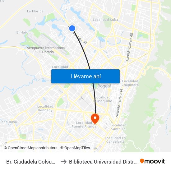 Br. Ciudadela Colsubsidio (Ac 80 - Kr 112a) to Biblioteca Universidad Distrital Francisco José De Caldas map