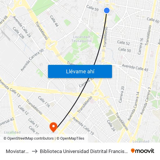 Movistar Arena to Biblioteca Universidad Distrital Francisco José De Caldas map