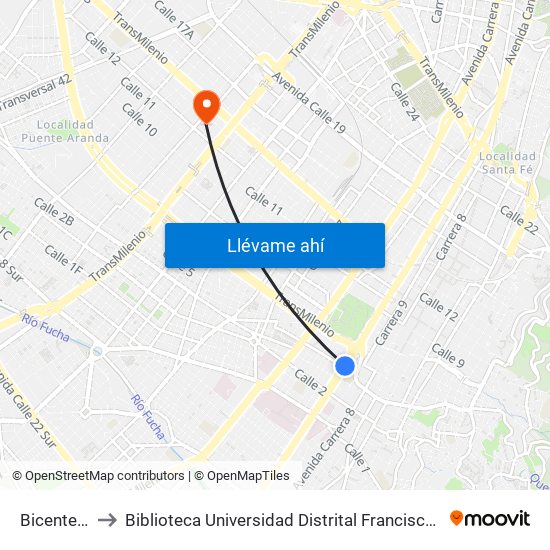 Bicentenario to Biblioteca Universidad Distrital Francisco José De Caldas map