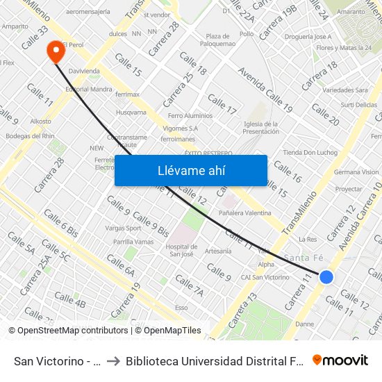 San Victorino - Neos Centro to Biblioteca Universidad Distrital Francisco José De Caldas map