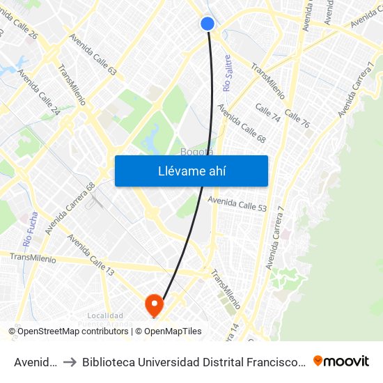 Avenida 68 to Biblioteca Universidad Distrital Francisco José De Caldas map