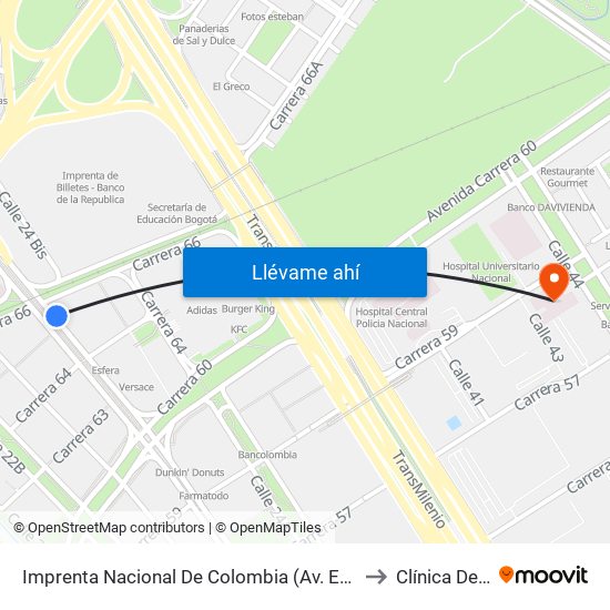 Imprenta Nacional De Colombia (Av. Esperanza - Kr 66) to Clínica Del Niño map