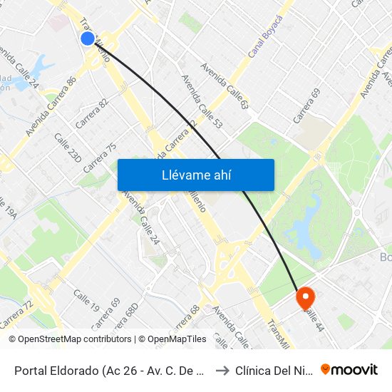 Portal Eldorado (Ac 26 - Av. C. De Cali) to Clínica Del Niño map