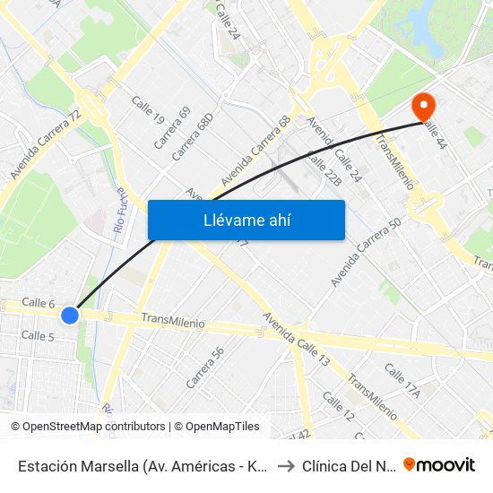 Estación Marsella (Av. Américas - Kr 69b) to Clínica Del Niño map