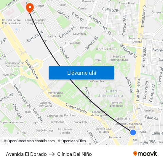 Avenida El Dorado to Clínica Del Niño map