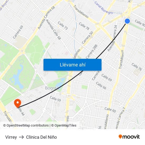 Virrey to Clínica Del Niño map