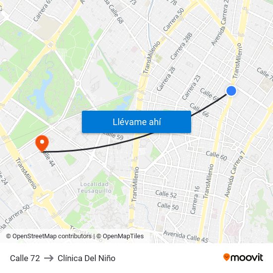 Calle 72 to Clínica Del Niño map