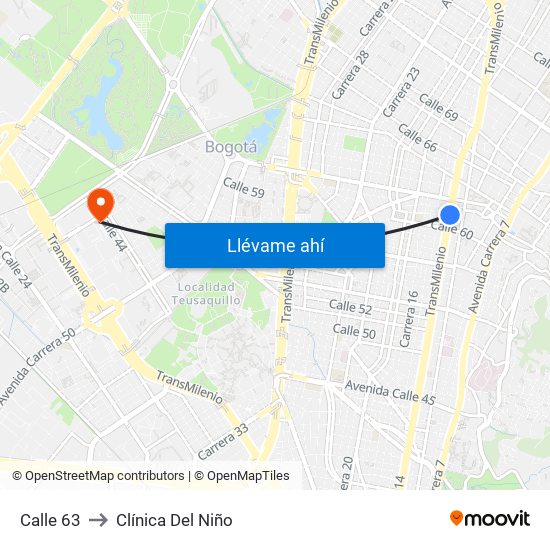 Calle 63 to Clínica Del Niño map
