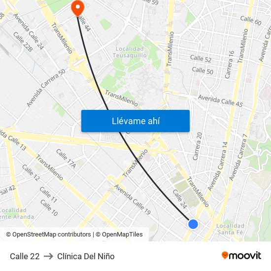 Calle 22 to Clínica Del Niño map