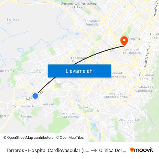 Terreros - Hospital Cardiovascular (Lado Sur) to Clínica Del Niño map